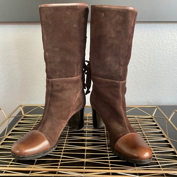 VTG Y2K Emporio Armani Suede Boots Chocolate Brown Corset Lace Up Heel EU 39.5 - Picture 1 of 13